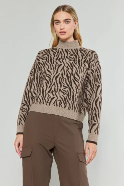 Knitwear|Sweaters-Current Air Abstract Mock Neck Sweater BROWN