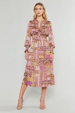 Midi Dresses-Current Air Aida Quilted Pattern Midi Dress PINKMLT