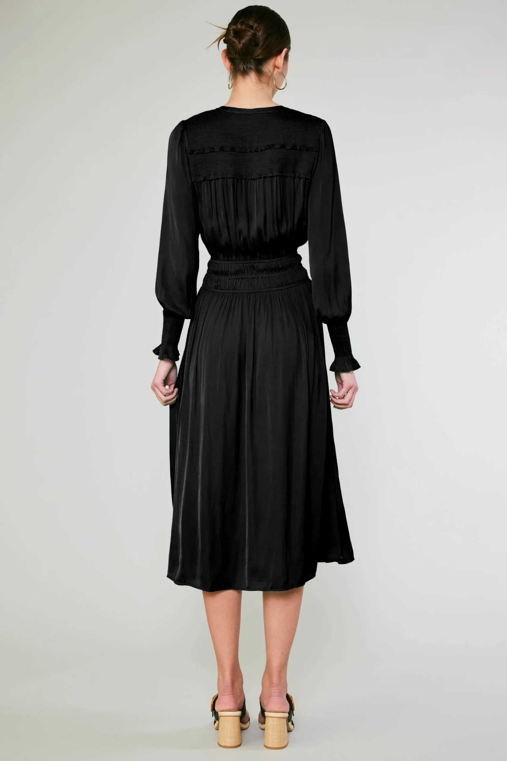 Midi Dresses-Current Air Aida Smocked Midi Dress BLACK