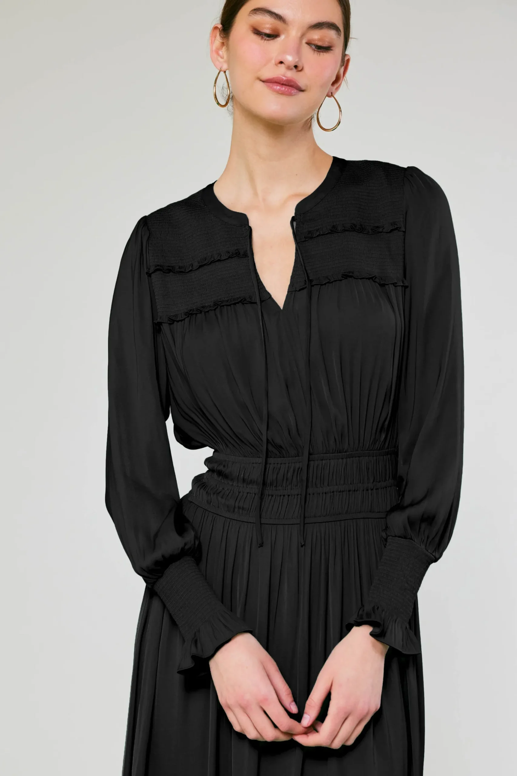 Midi Dresses-Current Air Aida Smocked Midi Dress BLACK