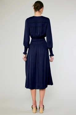 Midi Dresses-Current Air Aida Smocked Midi Dress DARKNAVY