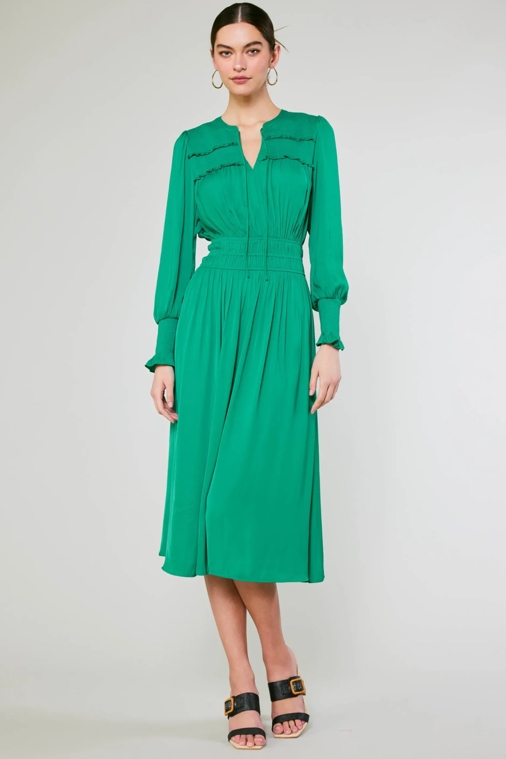 Midi Dresses-Current Air Aida Smocked Midi Dress GREEN