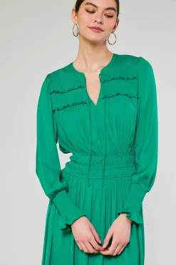 Midi Dresses-Current Air Aida Smocked Midi Dress GREEN