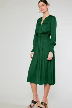 Midi Dresses-Current Air Aida Smocked Midi Dress EMERALDGREEN