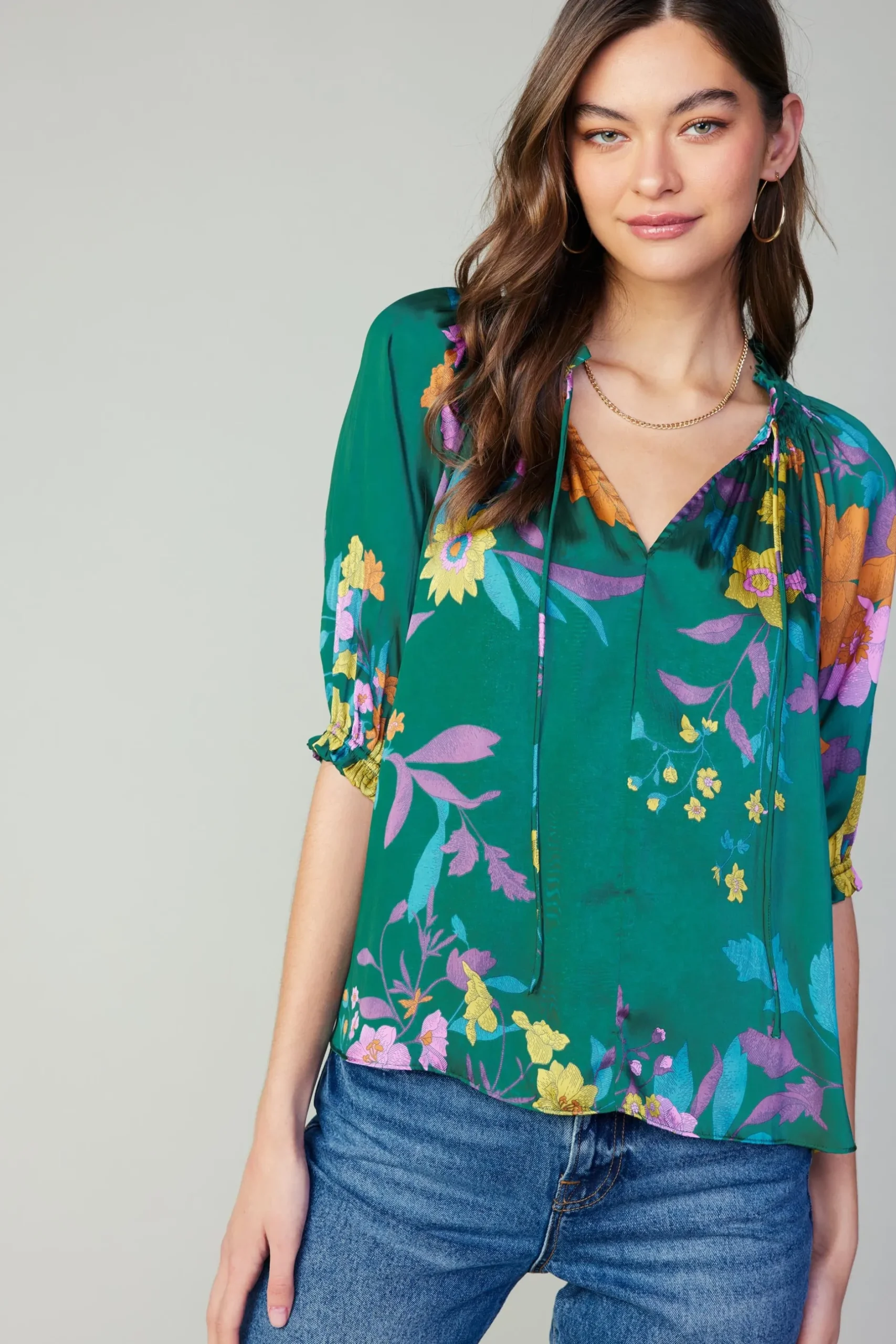 Long Sleeve Tops-Current Air Angelica Floral Blouse GREENFLORAL
