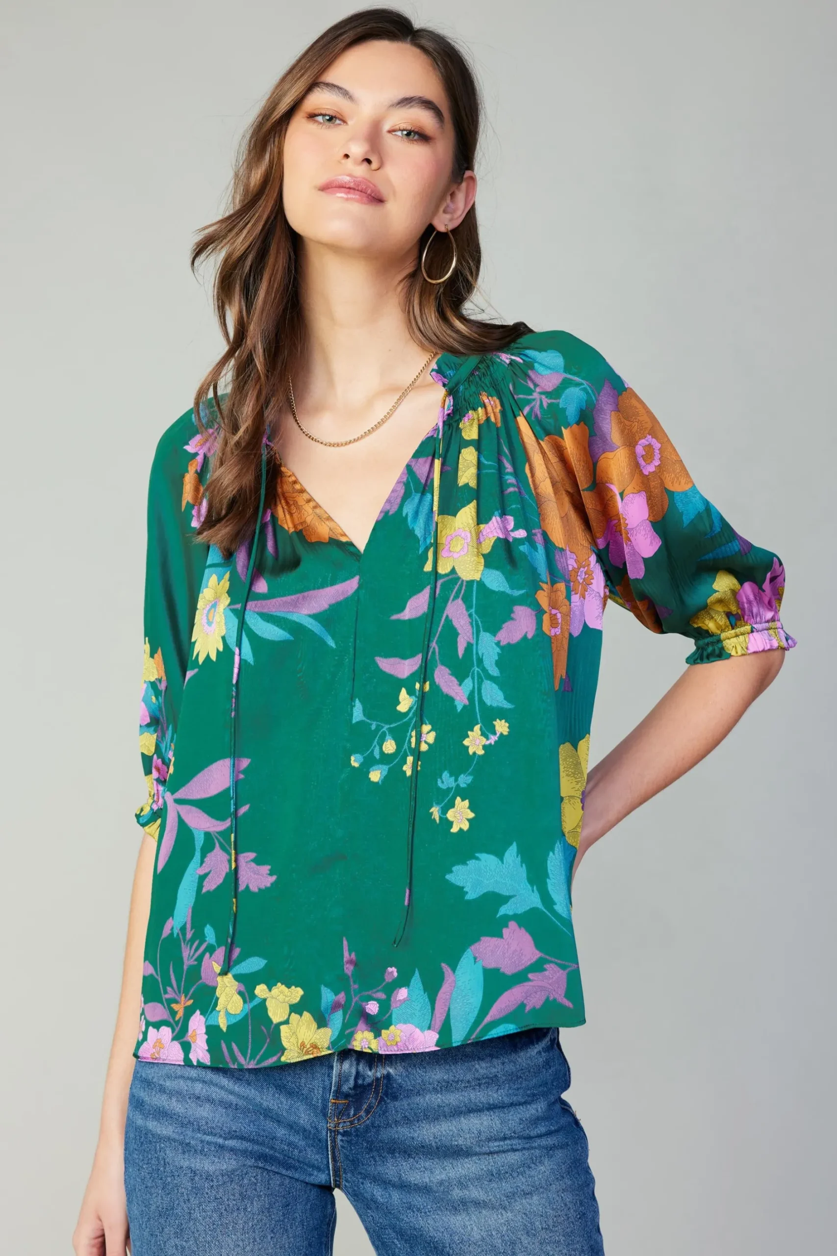 Long Sleeve Tops-Current Air Angelica Floral Blouse GREENFLORAL