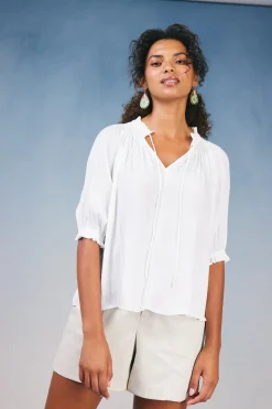 Short Sleeve Tops|Long Sleeve Tops-Current Air Angelica Pleated Blouse WHITE