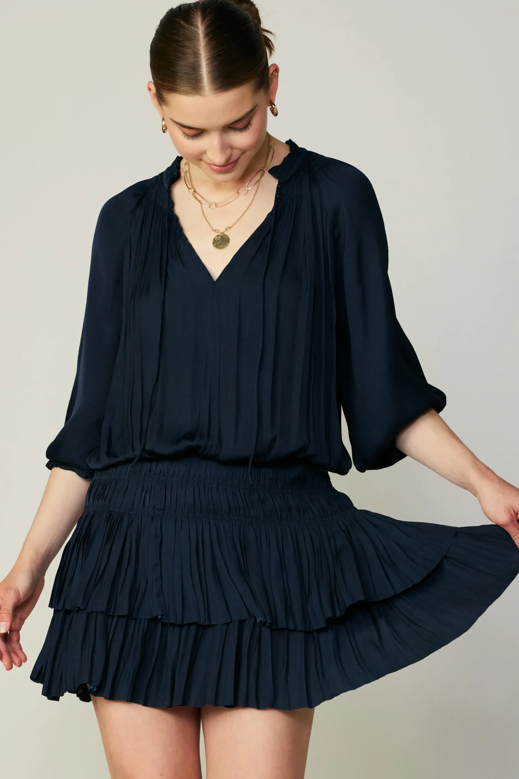 Mini Dresses-Current Air Aurelie Pleated Mini Dress DARKNAVY