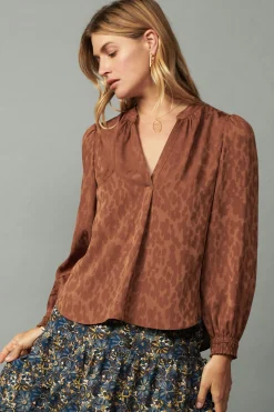 Long Sleeve Tops-Current Air Autumn Split Neck Blouse CARAMEL