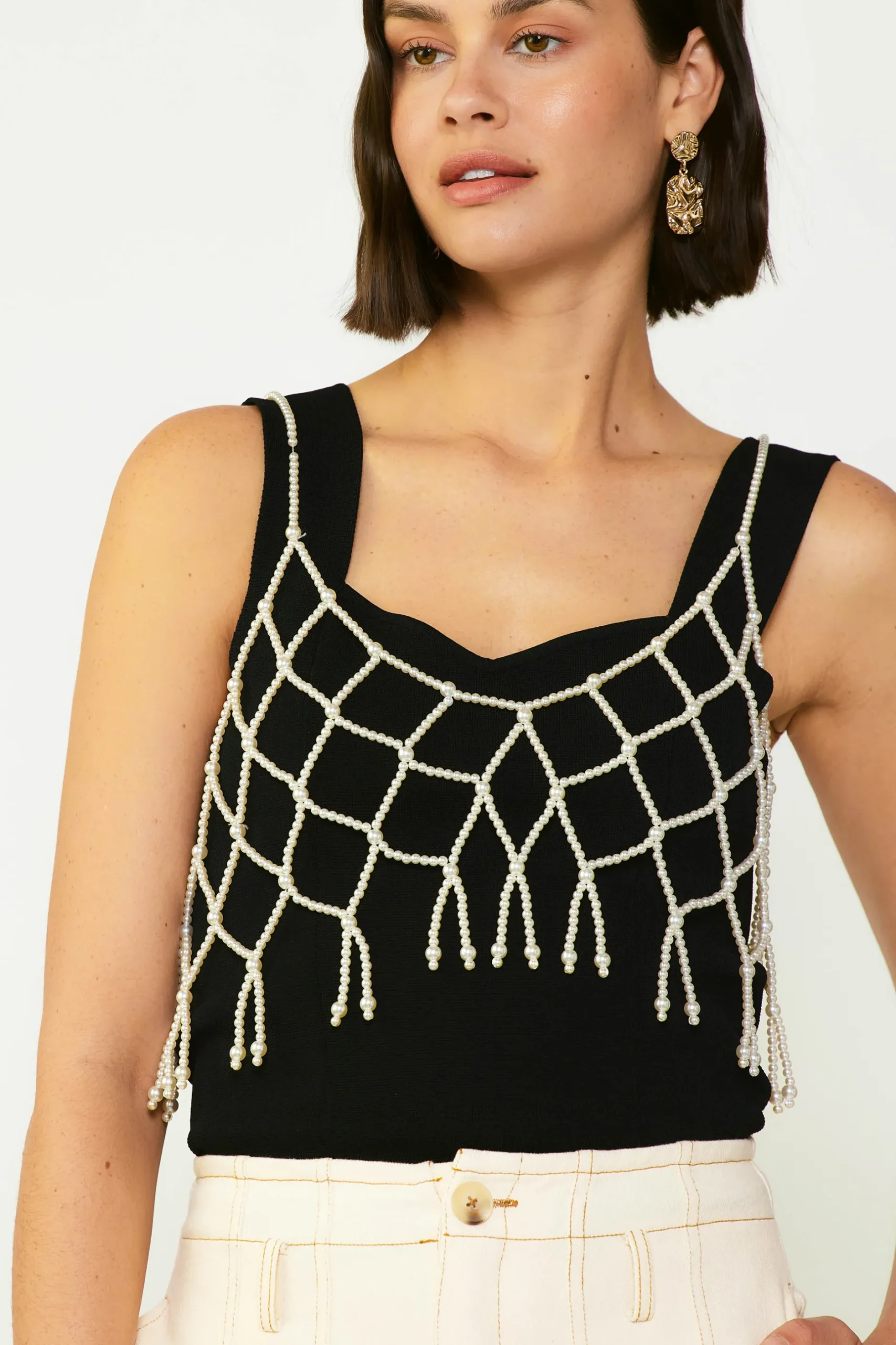 Accessories|Sleeveless Tops-Current Air Beaded Pearl Cami WHITE