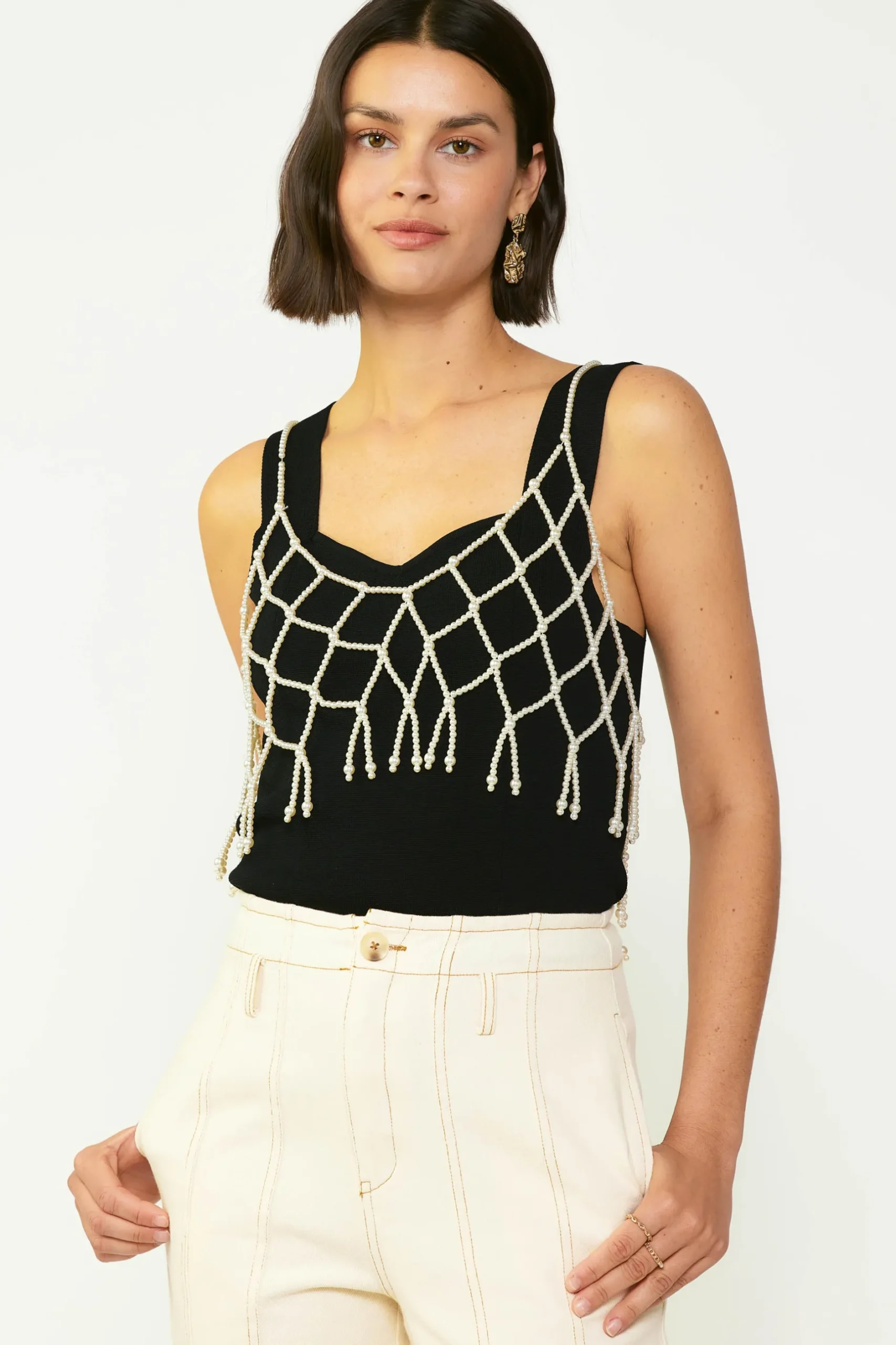 Accessories|Sleeveless Tops-Current Air Beaded Pearl Cami WHITE