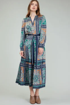 Maxi Dresses|Midi Dresses-Current Air Belted Abstract Midi Dress GREENMLT