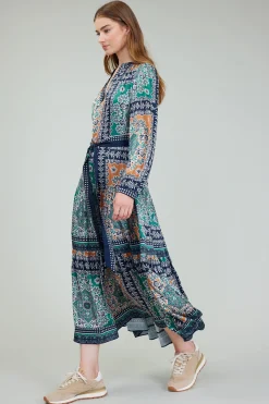 Maxi Dresses|Midi Dresses-Current Air Belted Abstract Midi Dress GREENMLT