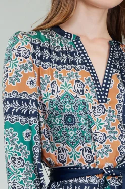 Maxi Dresses|Midi Dresses-Current Air Belted Abstract Midi Dress GREENMLT