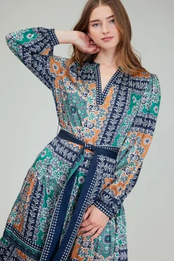 Maxi Dresses|Midi Dresses-Current Air Belted Abstract Midi Dress GREENMLT