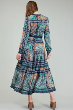 Maxi Dresses|Midi Dresses-Current Air Belted Abstract Midi Dress GREENMLT