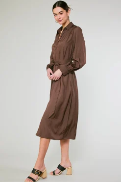 Midi Dresses-Current Air Belted Buttondown Shirt Dress COCOA