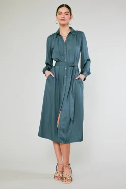 Midi Dresses-Current Air Belted Buttondown Shirt Dress FORESTGREEN