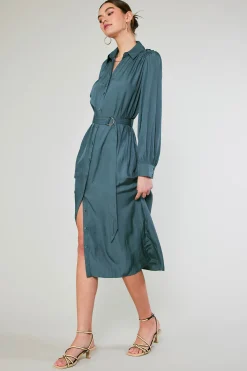 Midi Dresses-Current Air Belted Buttondown Shirt Dress FORESTGREEN