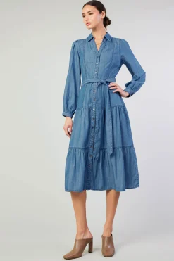 Midi Dresses-Current Air Belted Collar Shirt Dress CHAMBRAY