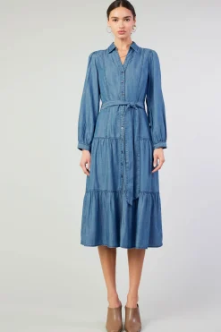 Midi Dresses-Current Air Belted Collar Shirt Dress CHAMBRAY