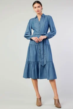 Midi Dresses-Current Air Belted Collar Shirt Dress CHAMBRAY