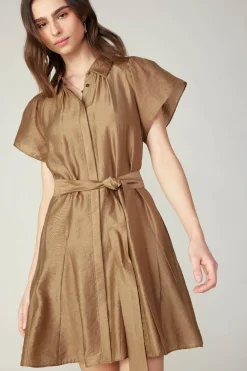 Mini Dresses-Current Air Belted Godet Mini Dress LATTE