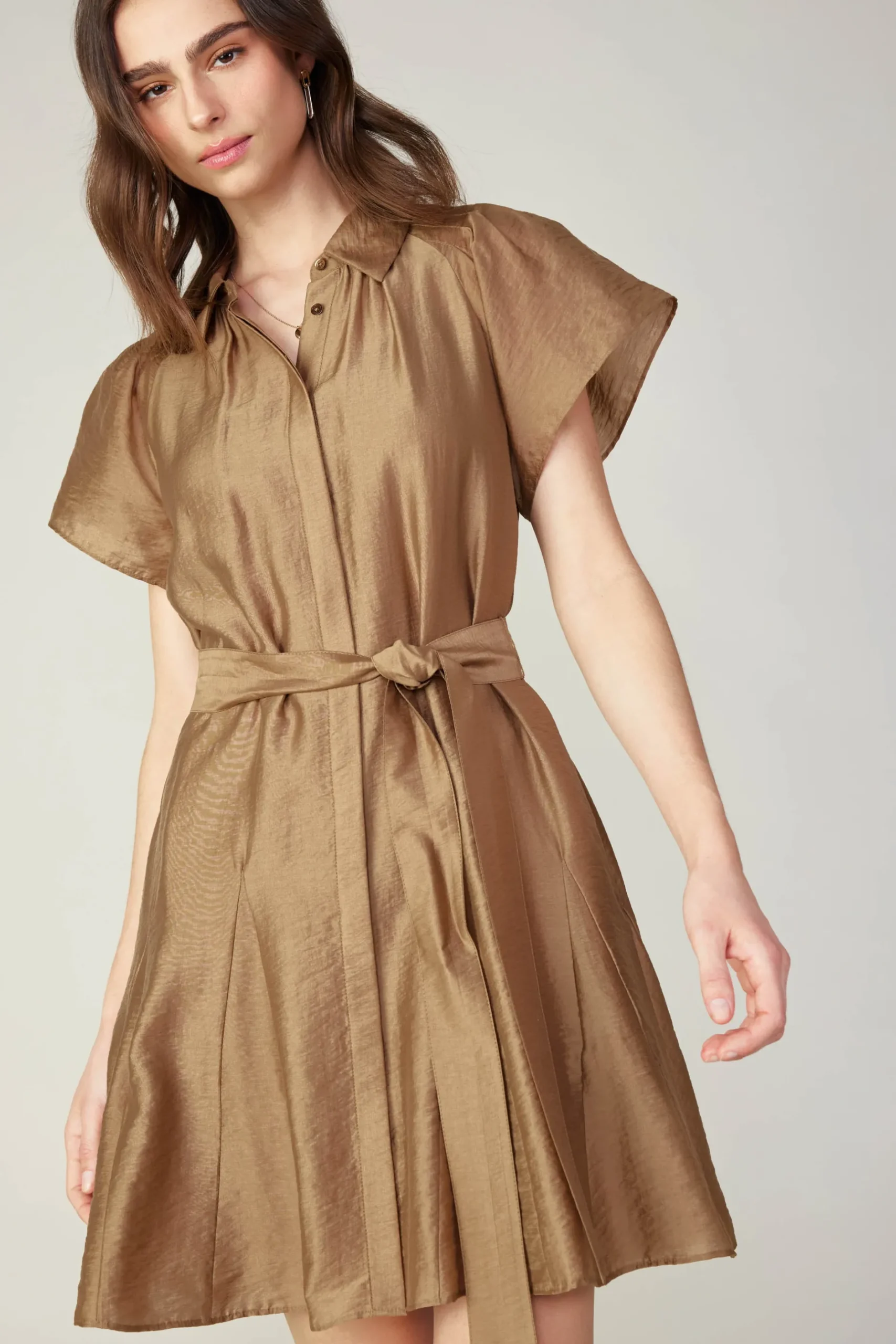 Mini Dresses-Current Air Belted Godet Mini Dress LATTE