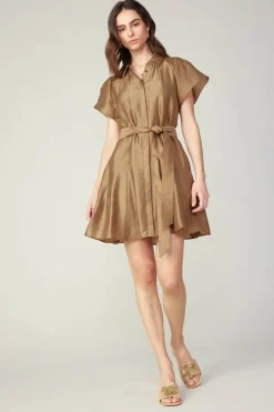 Mini Dresses-Current Air Belted Godet Mini Dress LATTE