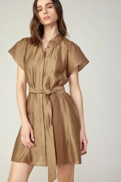 Mini Dresses-Current Air Belted Godet Mini Dress LATTE