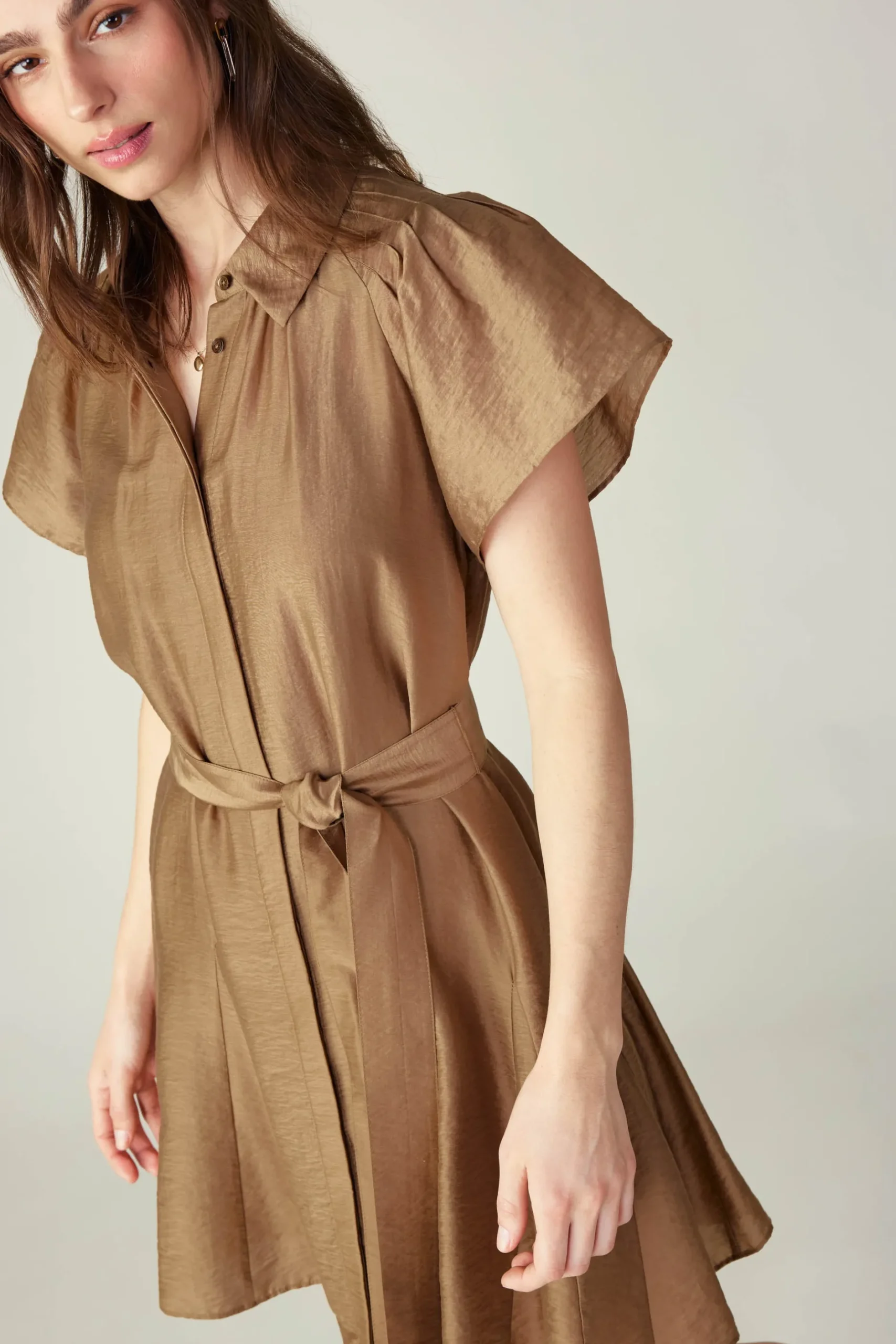Mini Dresses-Current Air Belted Godet Mini Dress LATTE