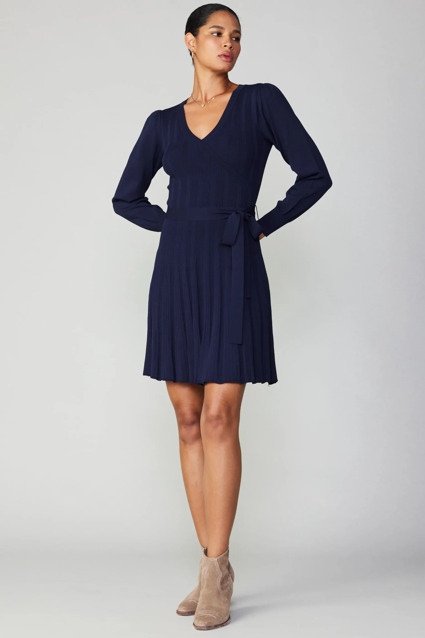 Knitwear|Mini Dresses-Current Air Belted Knit Mini Dress NAVY