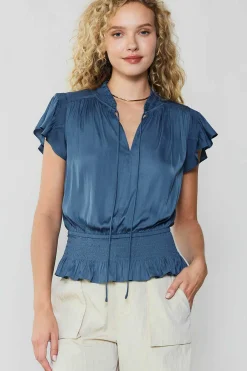 Short Sleeve Tops-Current Air Blair Smocked Top DARKDUSTYBLUE
