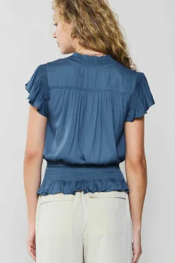 Short Sleeve Tops-Current Air Blair Smocked Top DARKDUSTYBLUE