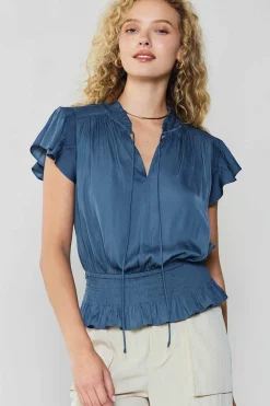 Short Sleeve Tops-Current Air Blair Smocked Top DARKDUSTYBLUE