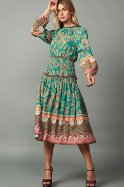 Midi Dresses-Current Air Border Multi Print Midi Dress GREENMLT