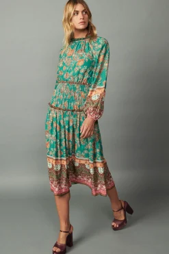 Midi Dresses-Current Air Border Multi Print Midi Dress GREENMLT