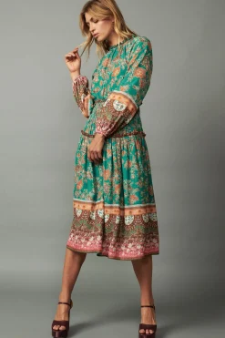 Midi Dresses-Current Air Border Multi Print Midi Dress GREENMLT