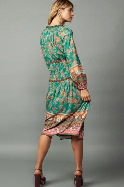 Midi Dresses-Current Air Border Multi Print Midi Dress GREENMLT