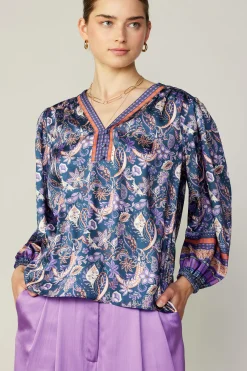 Long Sleeve Tops-Current Air Border Print Paisley Top INDIGOFLORALMLT