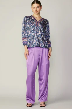 Long Sleeve Tops-Current Air Border Print Paisley Top INDIGOFLORALMLT