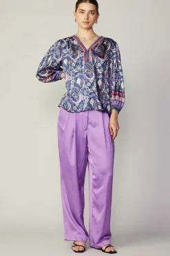 Long Sleeve Tops-Current Air Border Print Paisley Top INDIGOFLORALMLT