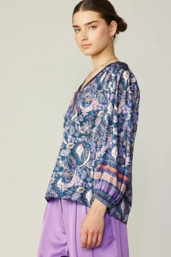 Long Sleeve Tops-Current Air Border Print Paisley Top INDIGOFLORALMLT