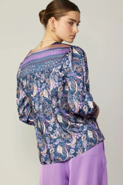 Long Sleeve Tops-Current Air Border Print Paisley Top INDIGOFLORALMLT
