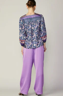 Long Sleeve Tops-Current Air Border Print Paisley Top INDIGOFLORALMLT