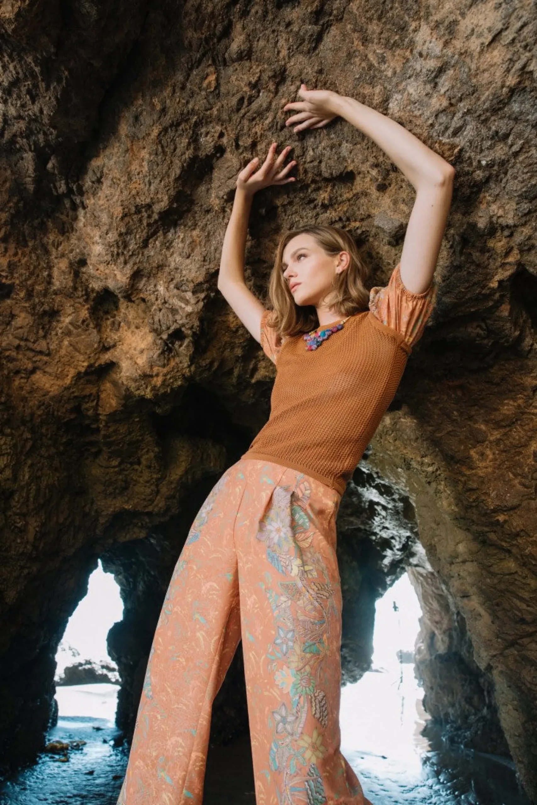 Pants-Current Air Border Print Retro Floral Pants BROWN