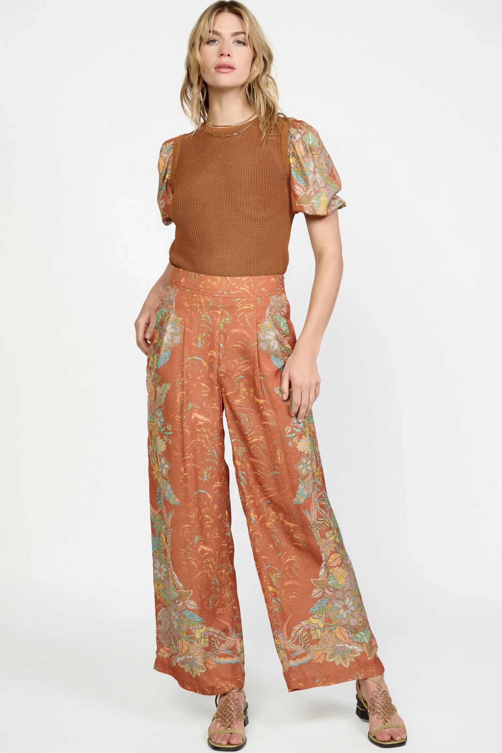 Pants-Current Air Border Print Retro Floral Pants BROWN