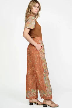Pants-Current Air Border Print Retro Floral Pants BROWN