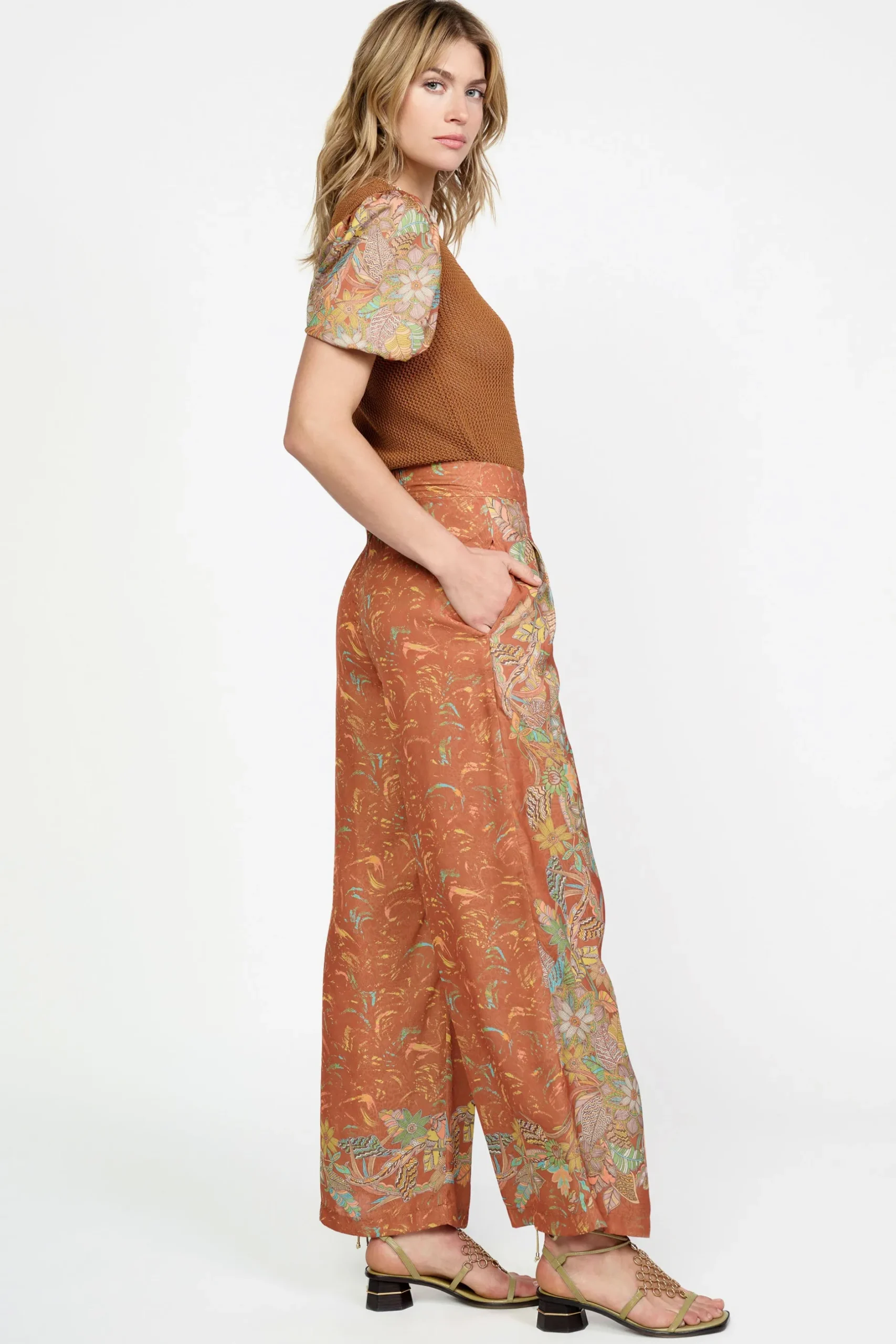 Pants-Current Air Border Print Retro Floral Pants BROWN