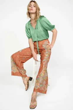Pants-Current Air Border Print Retro Floral Pants BROWN